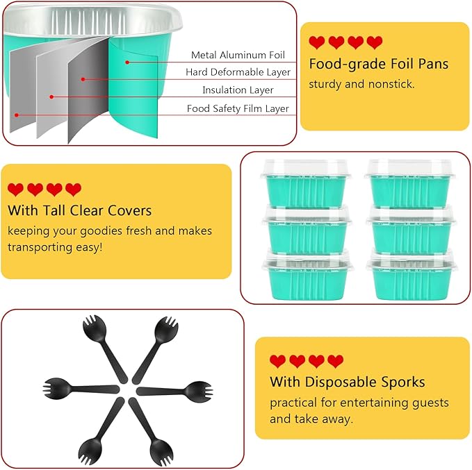 LNYZQUS 10oz/80pack Foil Mini Cake Tins with Lids 4”X4” Small Cake Baking Pans Cupcake Containers,Disposable Ramekins Mini Aluminum Brownie Pan Large Muffin Cups Holders-Cyan Blue