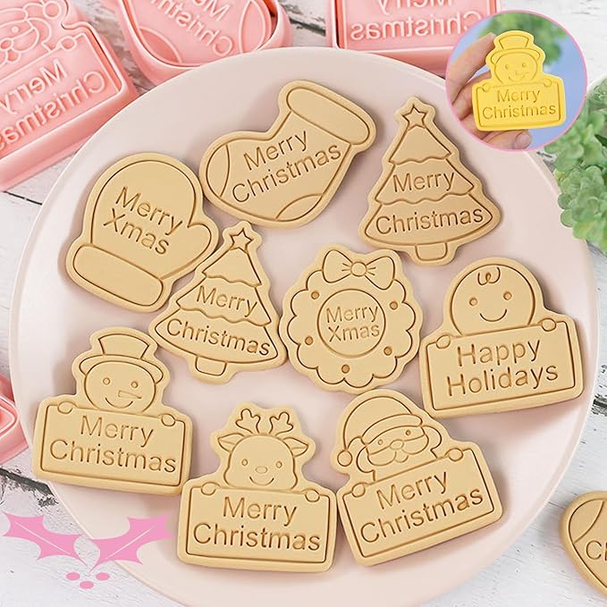 8pcs Christmas Cookie Cutter Set Merry Christmas Cookie Cutters with Plunger Stamps Biscuit Mold 3D Snowman Cookie Molds Cake Baking Fondant Cutter Christmas Party DIY Cookie Decorating Supplies (L8)