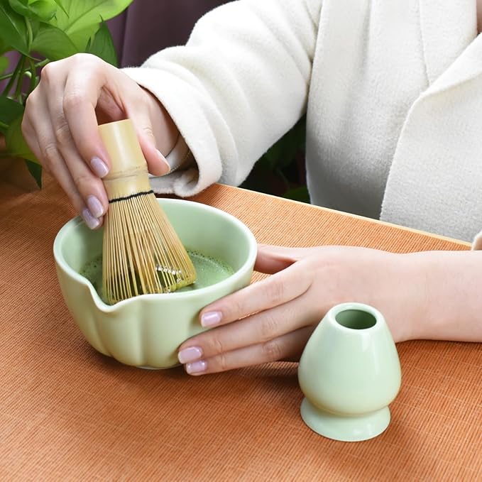 Artcome 7 Pcs Japanese Matcha Tea Set - Matcha Bowl with Pouring Spout, Matcha Whisk, Tea Scoop, Whisk Holder, Handmade Matcha Ceremony Kit For Japanese Tea Ceremony, Green