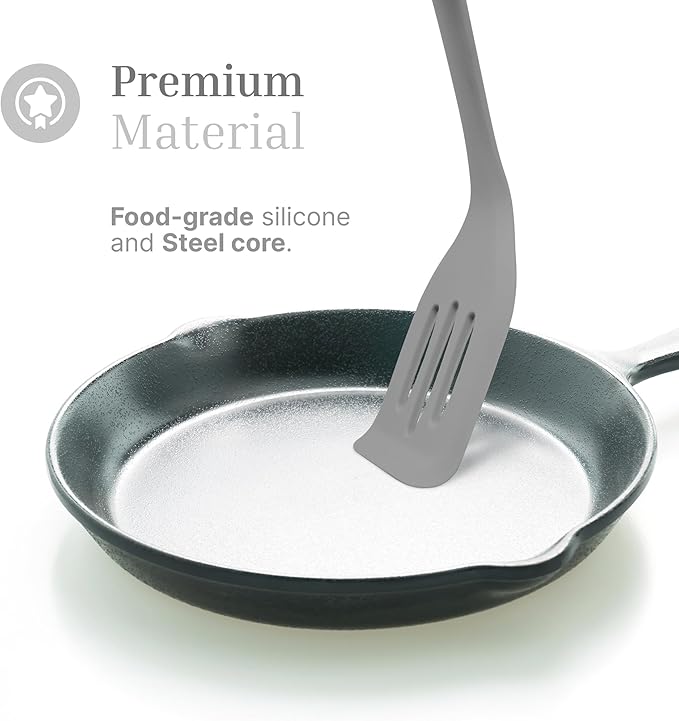 Silicone Slotted Turner Set – 2-Piece Set of Turner Spatulas for Eggs and Pancakes – Kitchen Tools and Accessories with Comfortable Handles, Heat-Resistant Utensils for Cooking & Baking – Grey