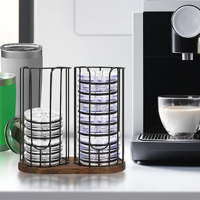 2-Compartment 18oz Coffee Cup Dispenser Rack with Wood Base, Disposable Cup, and Lid Organizer for Countertop - Perfect for Paper Cups, and Lid Organizer