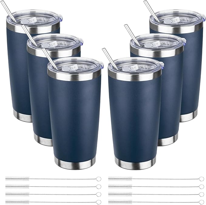 20oz Tumbler Bulk with Lid and Straw, Stainless Steel Double Wall Vacuum Insulated Travel Mug, Powder Coated Coffee Cups for Hot and Cold Drinks,Funny Gifts for Women Men(Navy Blue,6)