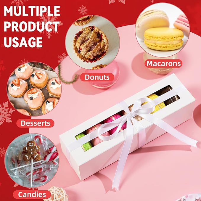 HAPPY POTATO 15 Pack Macaron Boxes - 12 Count, 7.2x4x1.9 Inches, Black with Clear Window, Includes Ribbon