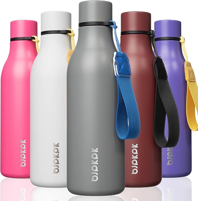 BJPKPK Insulated Water Bottles, 18 oz Stainless Steel Metal Water Bottle with Strap, BPA Free Leak Proof Thermos, Mugs, Flasks, Reusable Water Bottle for Sports & Travel, Grey