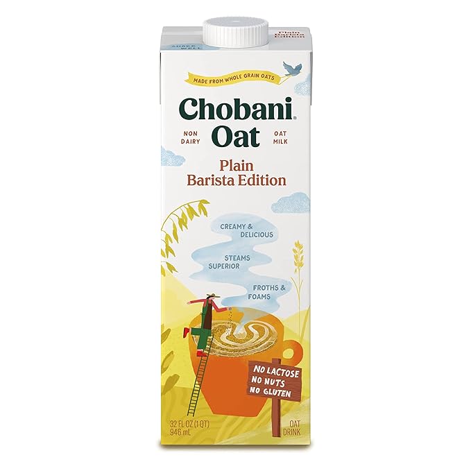 Chobani Oat Milk, Plain Oat Barista Edition, Shelf Stable Non Dairy Milk, Creamer, Vegan Friendly, Gluten-Free, 32 FL OZ (Pack-6)