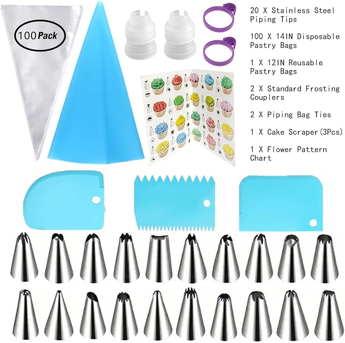 14 Inch Piping Bags and Tips Set - 100Pcs Disposable Pastry Bags with Tips for Cupcakes, Cookies, Frosting & Icing, Cake Decorating Tools with Frosting Nozzles Baking Supplies for Home, Kitchen Use