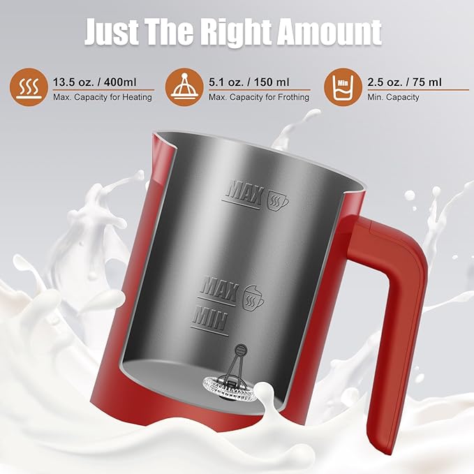 Milk Frother, 4-in-1 Milk Frother and Steamer, 13.5oz/400ml Automatic Hot and Cold Foam Maker and Milk Warmer, Electric Frother for Coffee, Latte, Cappuccino, Macchiato, Matcha(Red)