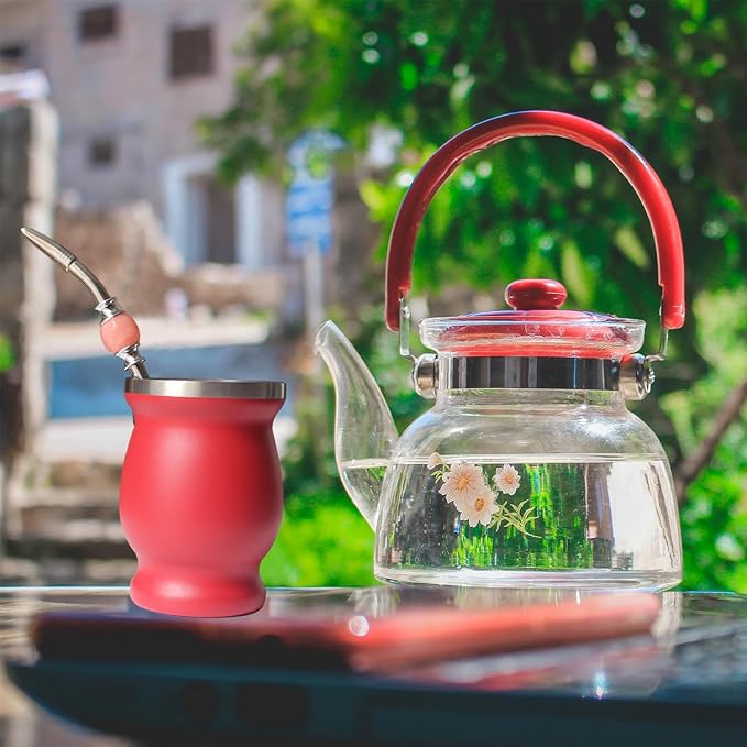 Reusable Bombilla Yerba Mate Straw - Stainless Steel Removable Spoon Style Filter with a Beautiful Bead - Metal Straw for Drinking Loose Leaf Tea - Includes Cleaning Brush(Pinks)