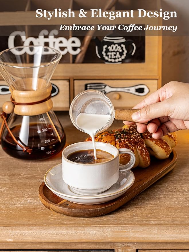 Gomakren 6 Ounce Cappuccino Cups with Saucers and Metal Stand, Stackable Coffee Cup Set of 4, Porcelain Espresso Cups for Coffee Drinks, Cappuccino, Latte, Americano, Tea, White