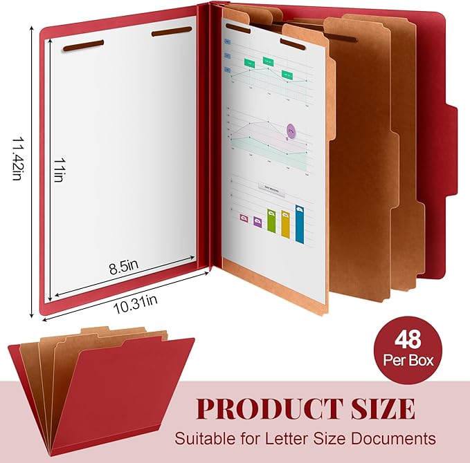 48 Pcs Classification Folders Letter Size, Back to School Supply for Teacher, Student, 3 Dividers Pressboard File Folder Bulk with 2 Fasteners, 3.5 Inch Expanding File Organizer (Red)