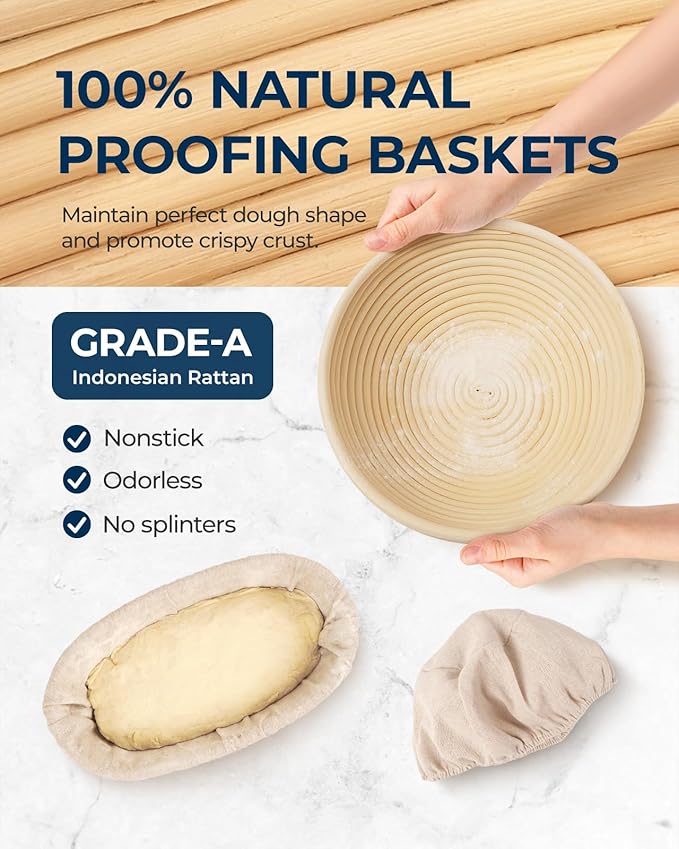 Banneton Bread Proofing Basket Set of 2 (10" Round & Oval Rattan) - Sourdough Bread Baking Supplies with Exclusive Bakers Couche, Dough Whisk, Dough Scraper, Bread Lame & Sourdough Starter Kit