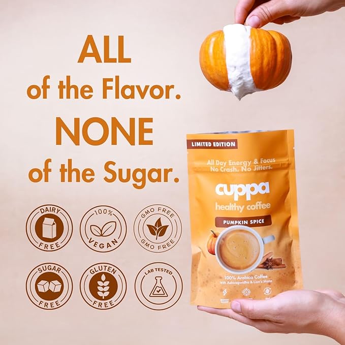 Cuppa Healthy Mushroom Insant Coffee with Lion's Mane & Ashwagandha for All Day Energy & Focus - No Crash or Jitters - Nootropics for Brain Health, Gut Health, Immunity, Stress, Memory + Mood (30 Servings, Pumpkin Spice)