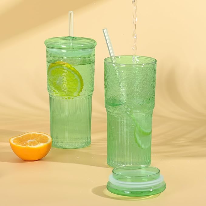 20 OZ Glass Cup with Lids and Glass Straws, High Borosilicate Iced Coffee Glass Tumblers with Lid and Straw for Drinks, 2pcs Reusable Wide Mouth Smoothie Cup(Green)
