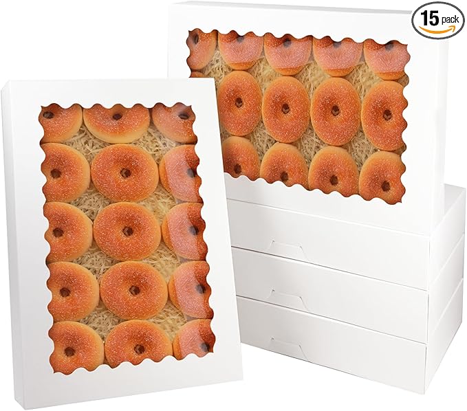 qiqee Auto-pop Up 14x10x2.5 Inch White Cookie Box with Window 15Pcs Pastry Macaron Bakery Box For Packaging