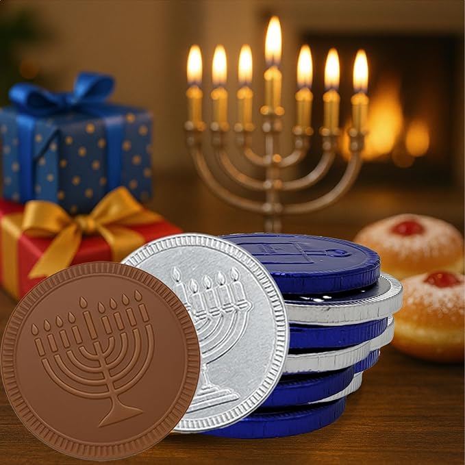 The Dreidel Company Blue & Silver Hanukkah Milk Chocolate Coins, Hanukkah Design Gelt, Gluten Free, Non GMO, Kosher Certified OU-D (25-Pack)
