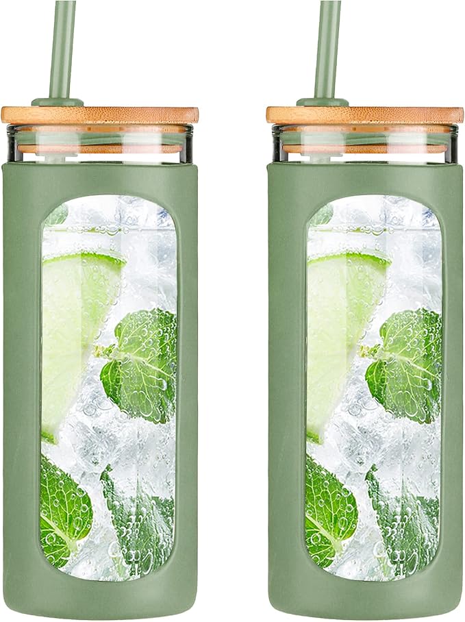 Kodrine 20oz Glass Tumbler with Straw and Lid, Iced Coffee Cups with Bamboo Lids, Glass Cups for Cold Drinks, Smoothie Cup with Silicone Sleeve for Travel, Work, BPA FREE-Olive-2pack