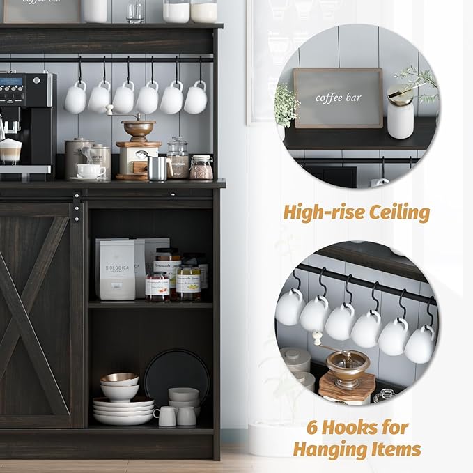 4ever2buy Farmhouse Coffee Bar Cabinet with Hutch, 50 Inch Coffee Bar Hutch with Sliding Barn Door & 6 Hooks for Living Dining Room, Dark Oak
