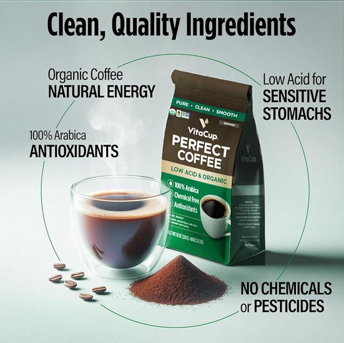 VitaCup Perfect Low Acid Coffee Ground, USDA Organic & Fair Trade, Dark Roast Guatemala Single Origin, Clean & Pure for Drip Coffee Brewers and French Press, 6 bags, 11oz each
