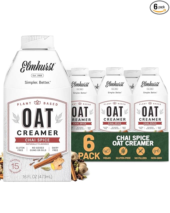 Elmhurst 1925 Chai Spice Oat Creamer - 16 Ounce (Pack of 6) Dairy-Free, Vegan, Kosher, Low Sugar, Shelf Stable Creamer Made with Oat Grains & Chai Spice for Healthier, Simpler Plant Based Alternatives