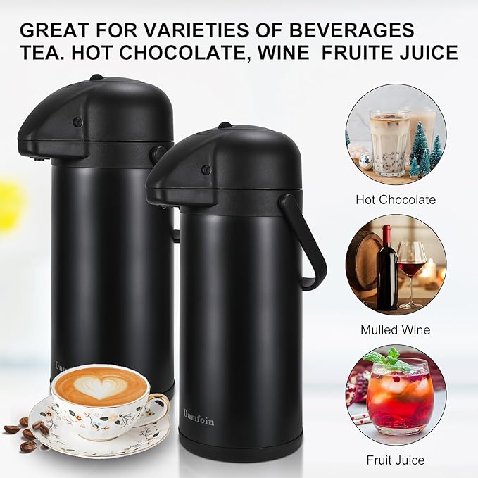 Updated Airpot Coffee Dispenser with Pump, 64 OZ Insulated Thermal Coffee Carafe for Keeping Hot - Cold Water, Party Chocolate Drinks & Stainless Steel Thermos Urn Large Thermal Hot Drink (Black)