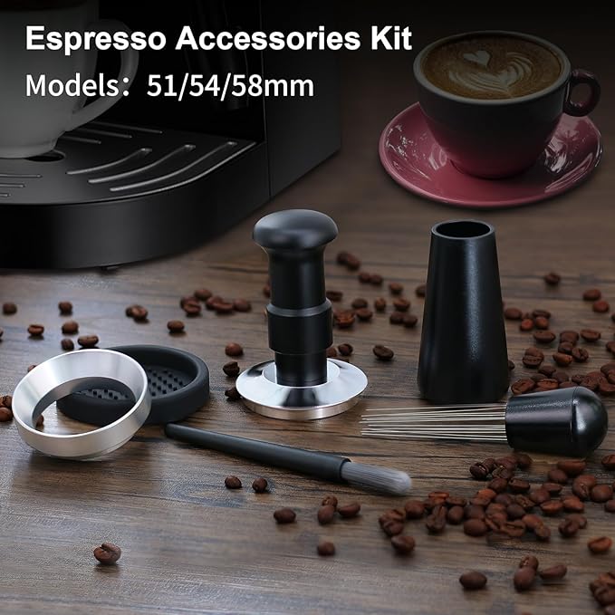 58mm Espresso Tamper Set, 5-IN-1 Espresso Accessories Kit with Coffee Tamper, WDT Tool, Dosing Funnel, Non-slip Mat and Cleaning Brush