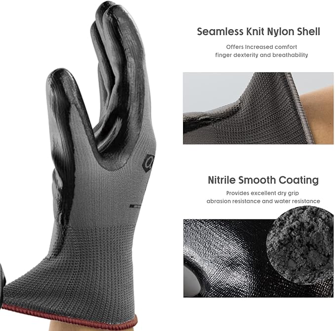 ANDANDA Smart Touch Work Gloves - 12 Pairs, 3D Comfort Stretch Fit, Nitrile Coated with Grip, Seamless Knit Nylon, Suitable for Warehousing, Logistics, Handling, Black (S)