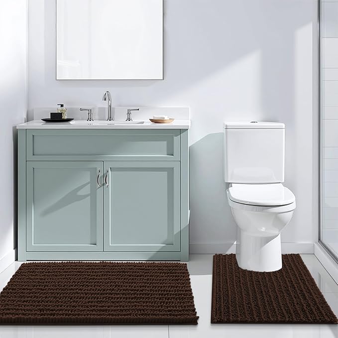 Arotive Luxury Chenille Bathroom Rug Mat, Extra Soft Thick Absorbent Shaggy Bath Rugs, Non-Slip Machine Wash Dry, Plush Bath Mats for Bathroom, Shower and Tub, 24x16, Brown