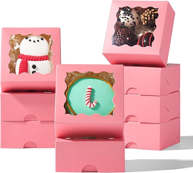 3.2x3.2x1.5 Inches 100PCS Chocolate Truffle Boxes Mini Bakery Boxes with Window for Cookies,Soap,Donut, Macaron,Brownie(Pink)