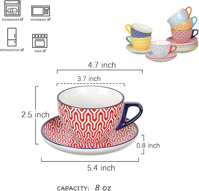 Selamica Ceramic 8 oz Cappuccino Cup Set with Saucers, Espresso Coffee Cups, Latte Macchiato for Party Cafe Home, Set of 6, Assorted Colors
