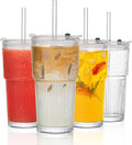 INSETLAN 530ml Glass Cups with Straws & Straw Cleaner, Set of 4, Clear Ribbed Drinking Glasses with Plastic Lids for Water, Juice, Iced Coffee & Smoothies, Dishwasher Safe