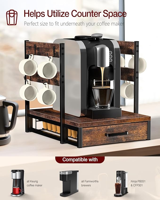 Coffee Pod Drawer Compatible with Nespresso Original Line, 63 Pods Coffee Organizer with Cup Holder, Durable Coffee Maker Stand with Storage Drawer, Rustic Brown