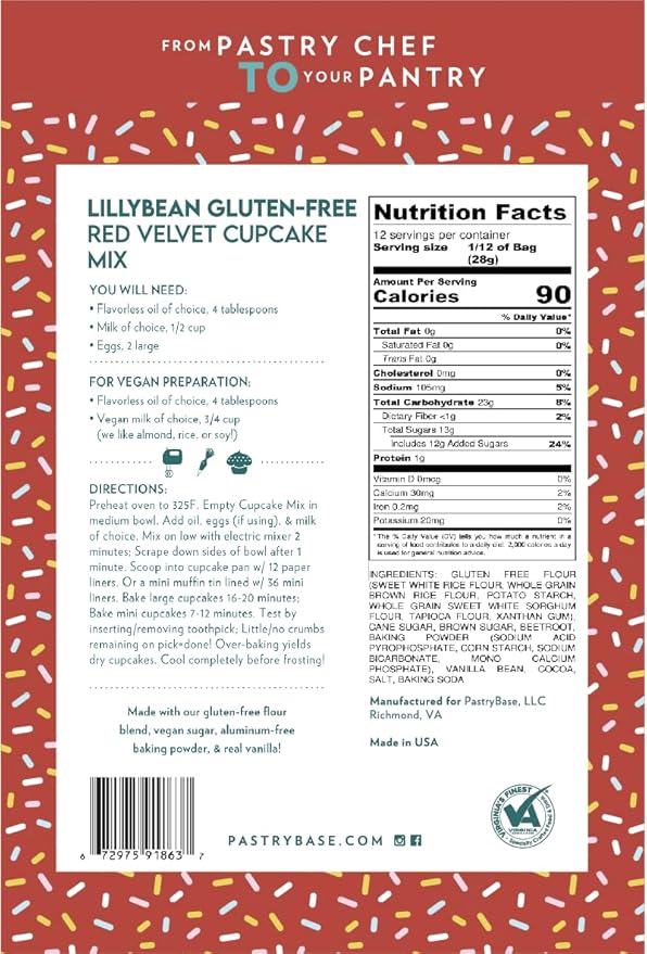 LillyBean Gluten Free Moist Red Velvet Cake and Cupcake Mix with No Artificial Colors - Dairy and Soy Free, Vegan - Makes Delicious Desserts - Cakes, Donuts, Cake Pops - 12 oz