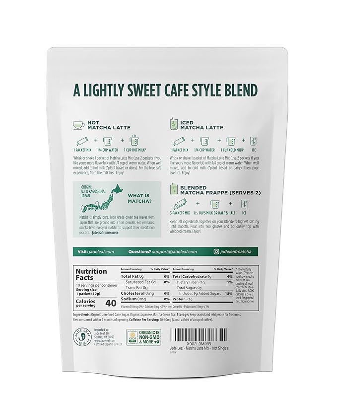 Jade Leaf Matcha Organic Premium Ceremonial Grade Matcha Green Tea Powder - Japanese - Culinary, Ingredient, Ceremonial Barista Teahouse, Latte, Collagen, 0.35 Ounce (Pack of 10), Matcha Latte