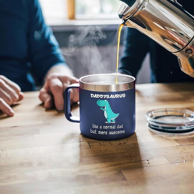Gossby Gift for Dad - 14oz DADDYSAURYS Insulated Coffee Tumbler Mug - Father's Day, Christmas, Birthday Gift for Dad from Daughter, Son, Kid - Travel Cup with Lid and Straw