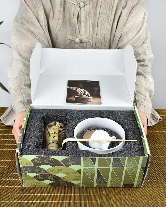 Artcome Premium Matcha Tea Set - 19.6oz Ceramic Bowl, Bamboo Whisk, Scoop, Whisk Holder & Brewing Guide - Authentic Japanese Tea Ceremony Tools for Matcha Preparation