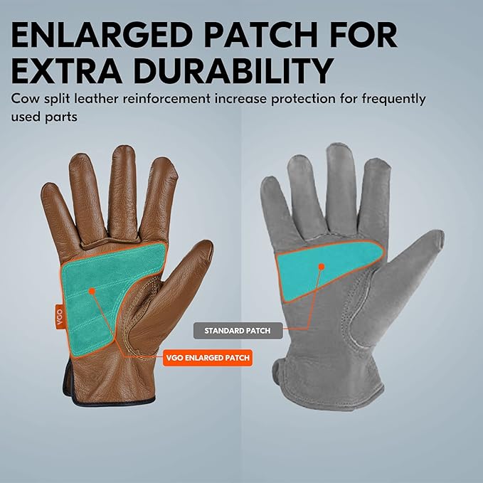 Vgo... 1-Pair Unlined Safety Cow Grain Leather Work Gloves Men, Rigger Gloves, Builder Gloves, Water Resistant, Palm Patched (Size M, Brown, CA9597WP)