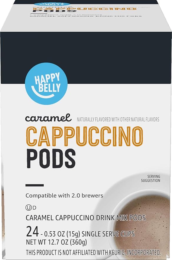 Amazon Brand - Happy Belly Cappuccino Coffee Pods Compatible With K Cup Brewers, Light Roast, Caramel Flavored, 24 Count, 12.72 ounce (Pack of 1)