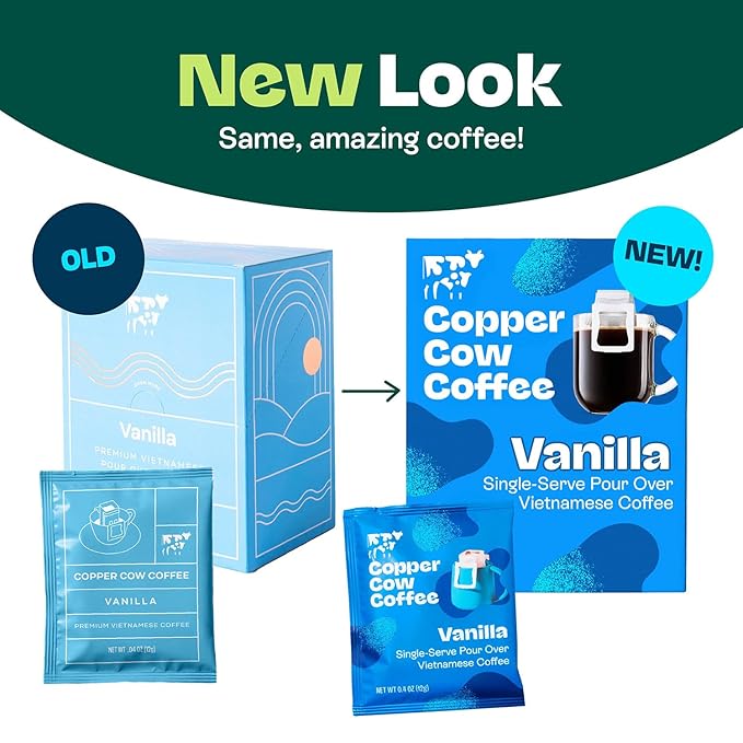 Copper Cow Premium Pour Over Single-Serve Vietnamese Coffee | Vanilla | Dark Roast | Flavored with Vanilla Beans | Includes 16 Coffees