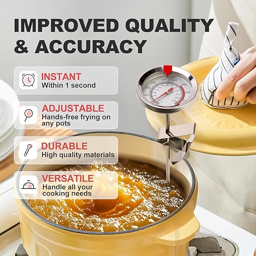 Candy Thermometer Waterproof - Oil Thermometer for Frying with Clips - 9" Side of Pot Thermometer Deep Fry for Oil Candy Candle BBQ - Silver