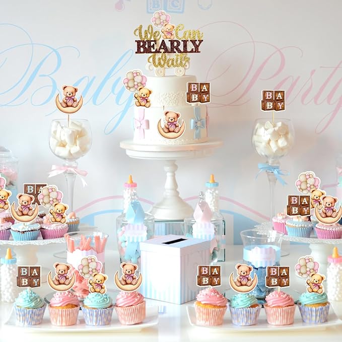 MEMOVAN Bear Baby Shower Cupcake Toppers 25pcs We Can Bearly Wait Cake Cupcake Topper Bear Cake Cupcake Decoration for Baby Girl We Can Bearly Wait Bear Theme Birthday Baby Shower Gender Reveal Party