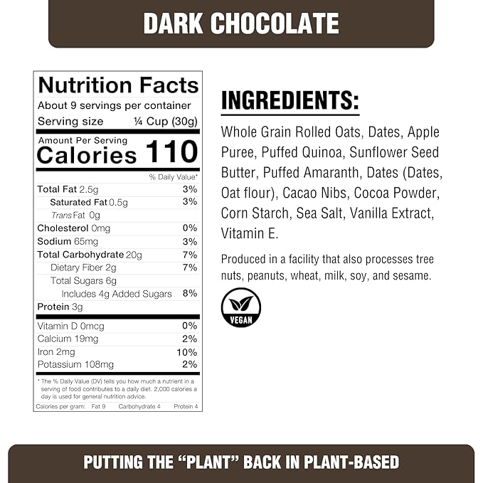 PLANTSTRONG Dark Chocolate Granola Snack Mix - Whole Grain, Naturally Sweetened With Fruit, Plant Based, Oil Free - Pack of 4 x 9oz Bags