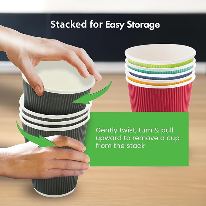 Restaurantware-12 Ounce Disposable Coffee Cups, 500 Ripple Wall Hot Cups For Coffee - Lids Sold Separately, Rolled Rim, Green Paper Insulated Coffee Cups, For Hot Coffee, Tea, And More