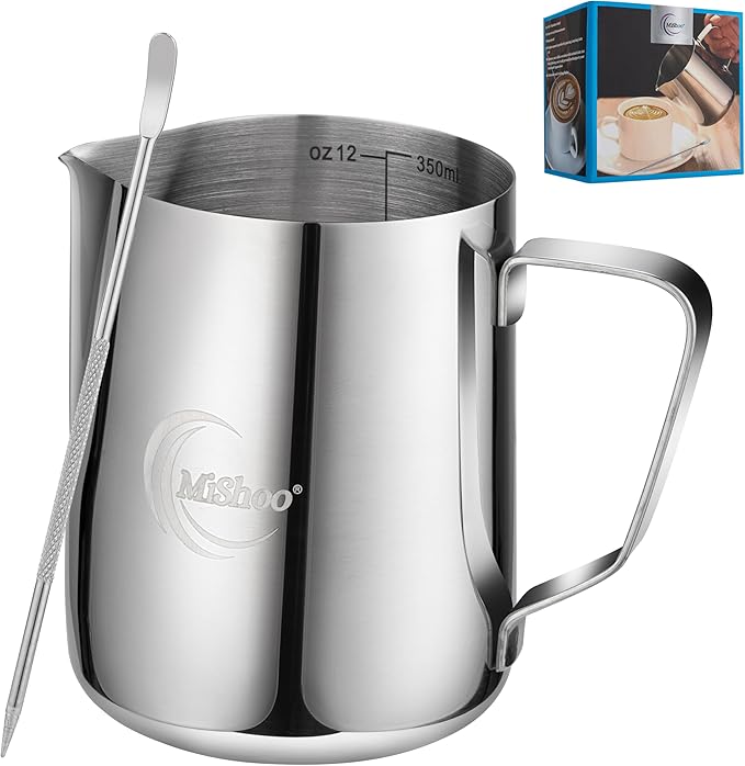 MiShoo® Milk Frothing Pitcher, 12oz Steaming Pitcher 304 Stainless Steel Espresso Machine Accessories for Coffee Bar, Cappuccino Barista Tools Milk Jug Steamer Frother Cup with Latte Art Pen