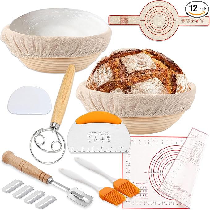 2PCS 9Inch Round Banneton Bread Proofing Basket Sets,Sourdough Bread Baking Supplies with Linen Liners,Silicone Bread Sling,Danish Whisk,Scoring Cutter,Dough Scraper