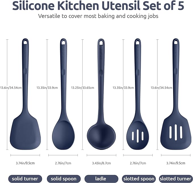 Silicone Kitchen Cooking Utensil Set: U-Taste High Heat Resistant 13.6in Kitchen Gadgets, BPA Free Non Stick Rubber Cook Accessories For Stir Frying, Serving, Basting, Mixing (5 Pieces, Midnight Blue)
