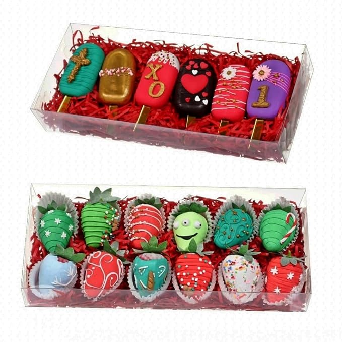 24PCS 12x5x2 Inches Clear Treat Boxes for Chocolate Covered Strawberries, Cocoa Bombs, Donuts, Muffins, Pastries, Bakery, Cookie, Macaron, Gift Boxes for Party Favors