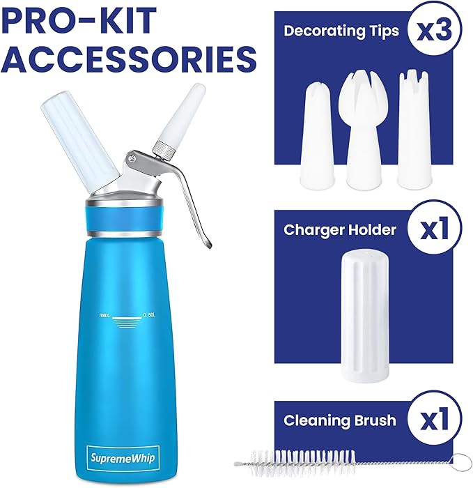 PRO Cream Dispenser, Durable High-Grip, Metal Lid with Rubber, 3 Nozzles, for Hot/Cold Use, Cleaning Brush Included, Blue - 500 ml / 1 Pint