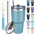30 oz Tumbler with Lids and Straws, Stainless Steel Insulated Coffee Tumbler, Double Wall Vacuum Insulated Travel Mug Cup, Leakproof Thermal Coffee Cup for Hot and Cold Drinks (Azure Blue)