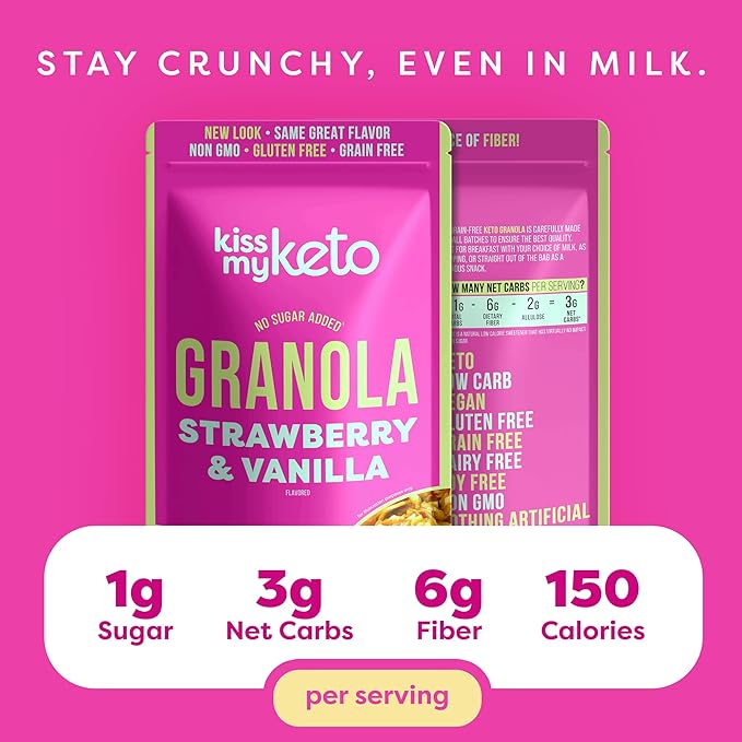 Kiss My Keto Sugar Free Granola, Strawberry Vanilla 1-Pack – Curb Cravings with Few Net Carbs – Allulose Sweetened, Resealable & Gluten-Free Crunchy Clusters – Grain Free Granola Great With Yogurt or Milk