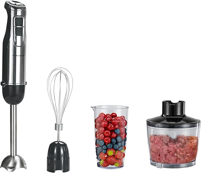 500W Powerful Hand Blender, 4-in-1 Immersion Blender with 6-Speed & Turbo, BPA-Free 600ml Beaker, Whisk, Food Chopper, Stainless Steel Blades, Ergonomic Grip